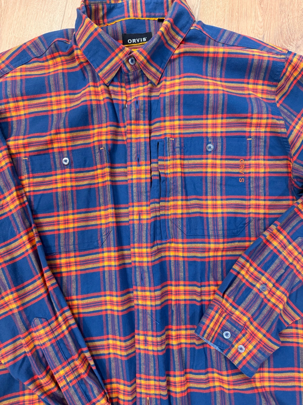 Orvis Blue Plaid Button-Down Shirt with Orange Accents